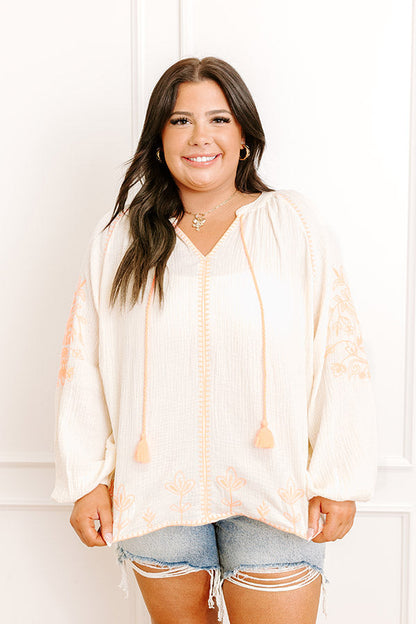 Gardenia Charm Floral Embroidered Top in Cream Curves