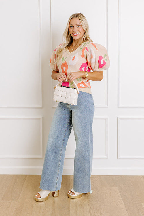 Flower Power Knit Sweater Top in Beige