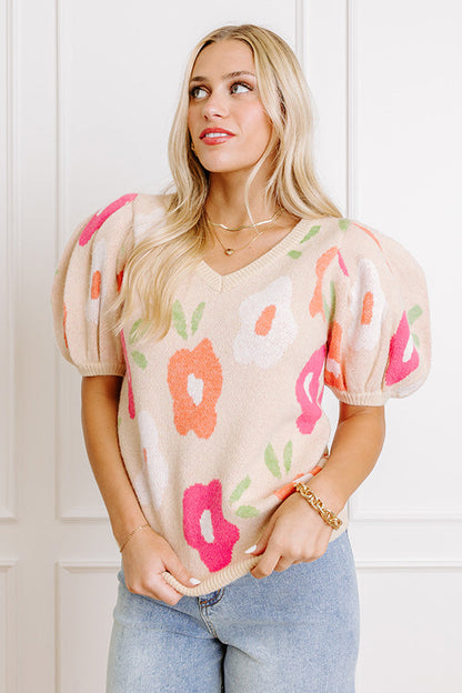 Flower Power Knit Sweater Top in Beige