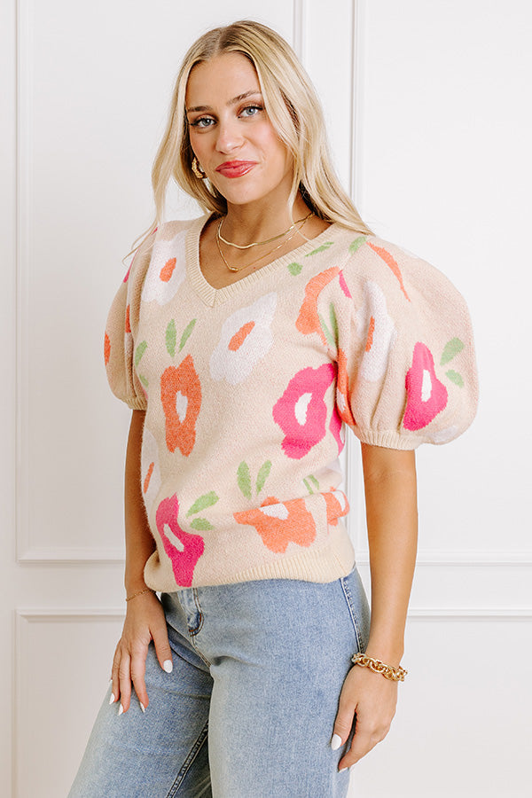 Flower Power Knit Sweater Top in Beige