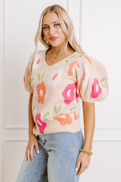 Flower Power Knit Sweater Top in Beige