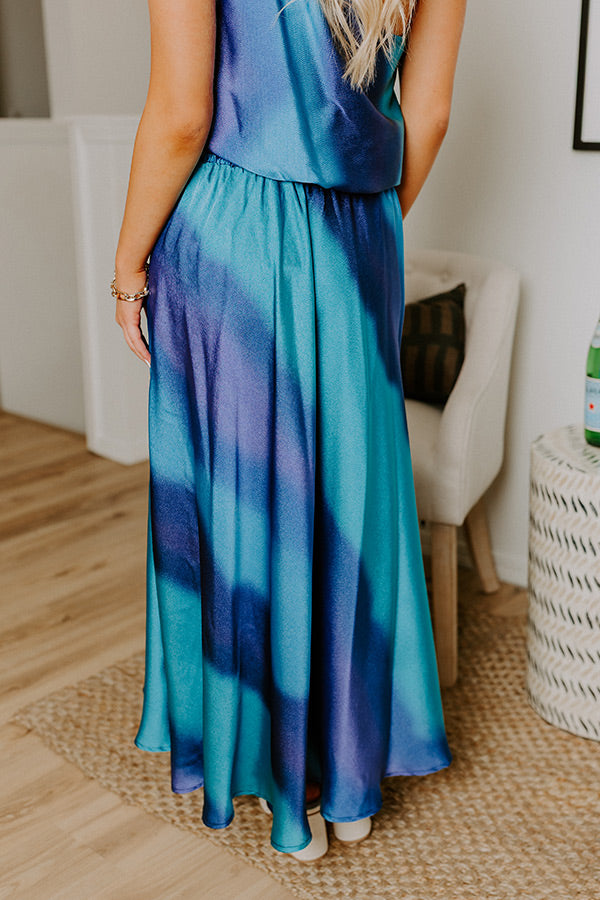 Moonlit Lagoon High Waist Satin Midi Skirt in Blue