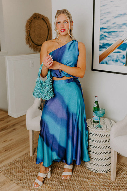 Moonlit Lagoon High Waist Satin Midi Skirt in Blue