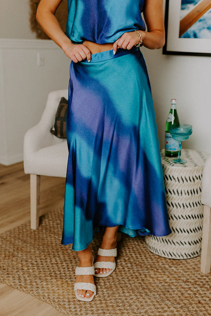 Moonlit Lagoon High Waist Satin Midi Skirt in Blue