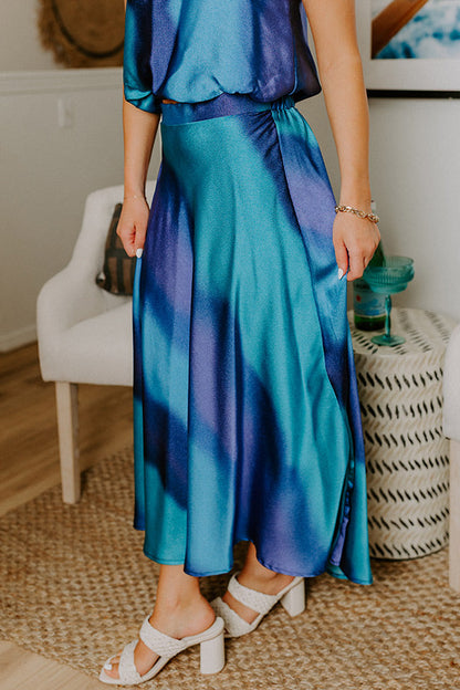 Moonlit Lagoon High Waist Satin Midi Skirt in Blue