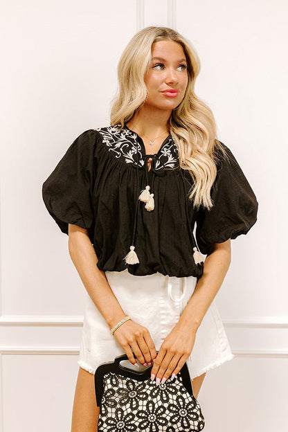Antigua Bound Embroidered Top in Black