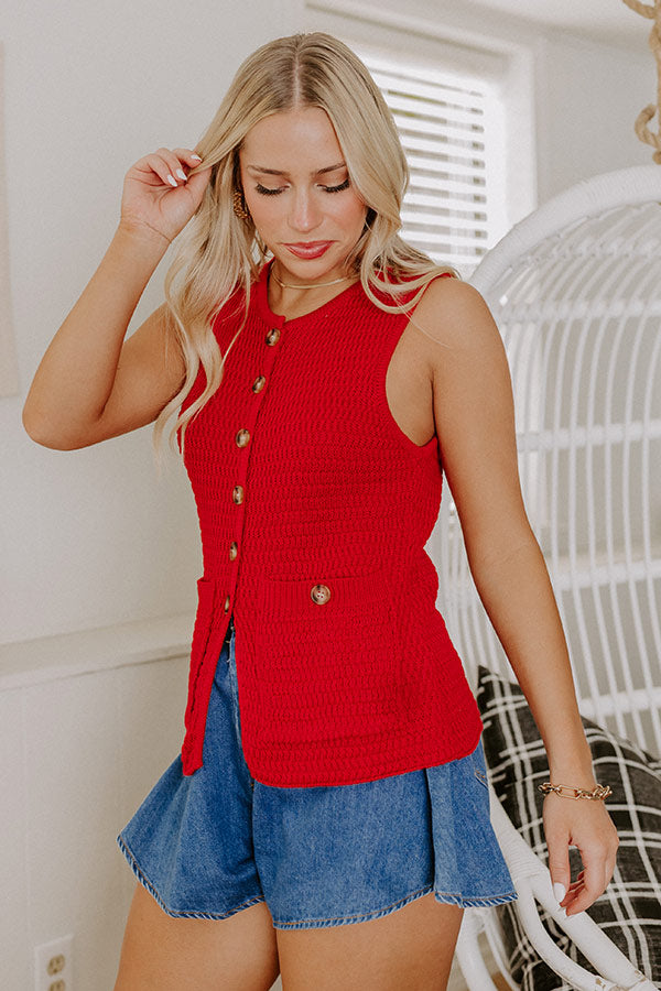 Coastal Town Charm Knit Vest Top In Red