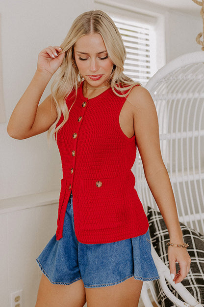 Coastal Town Charm Knit Vest Top In Red