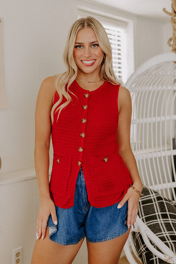 Coastal Town Charm Knit Vest Top In Red