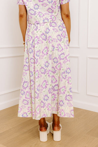 Butterfly Garden High Waist Floral Midi Skirt in Lavender