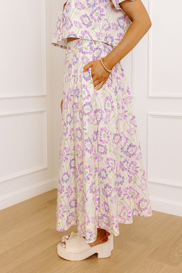 Butterfly Garden High Waist Floral Midi Skirt in Lavender