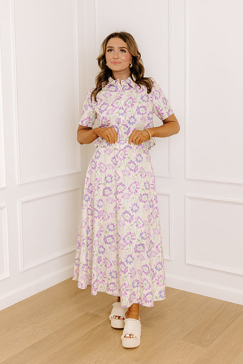 Butterfly Garden High Waist Floral Midi Skirt in Lavender