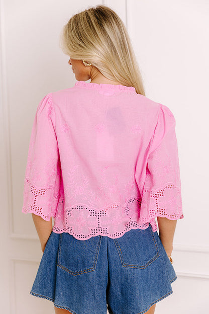 Boho Charm Embroidered Front Tie Top in Pink
