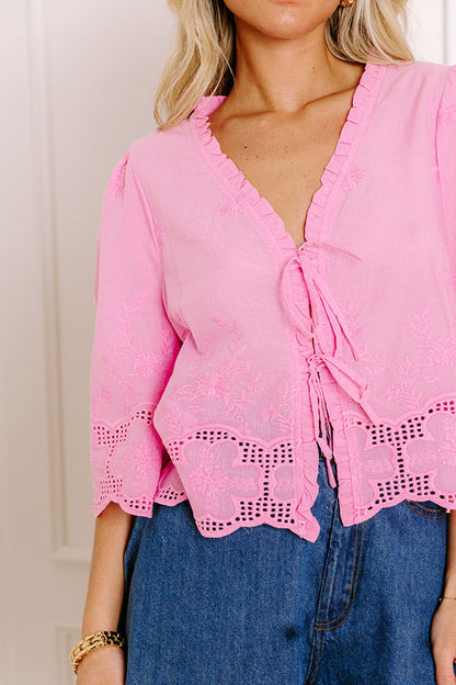 Boho Charm Embroidered Front Tie Top in Pink