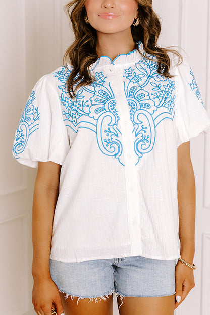 Myrtle Beach Brunch Embroidered Top in Blue