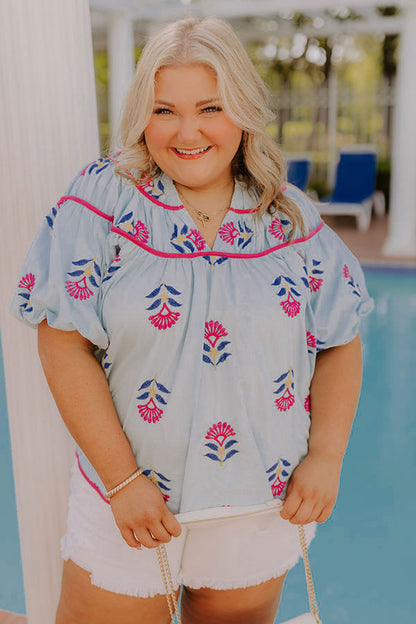 Joyful Bloom Floral Embroidered Top in Sky Blue Curves