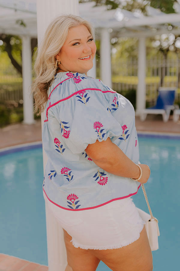 Joyful Bloom Floral Embroidered Top in Sky Blue Curves