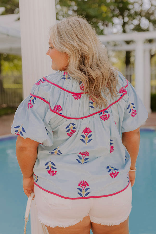 Joyful Bloom Floral Embroidered Top in Sky Blue Curves