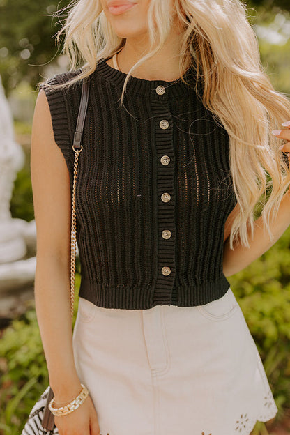Vacay Breeze Knit Button Up Top in Black