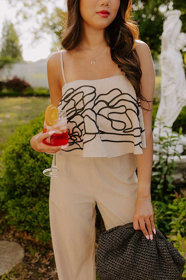 First Class Chic Embroidered Crop Top in Iced Latte