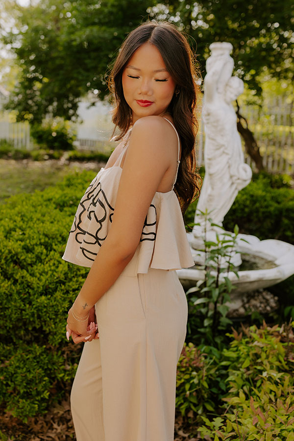 First Class Chic Embroidered Crop Top in Iced Latte