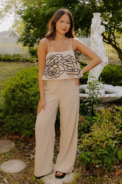 First Class Chic Embroidered Crop Top in Iced Latte
