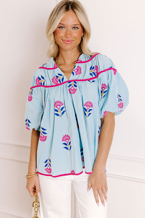 Joyful Bloom Floral Embroidered Top in Sky Blue