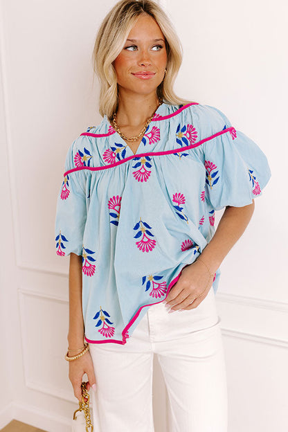 Joyful Bloom Floral Embroidered Top in Sky Blue