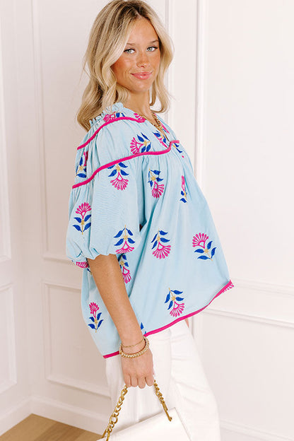 Joyful Bloom Floral Embroidered Top in Sky Blue