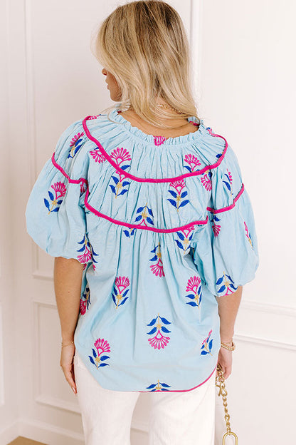 Joyful Bloom Floral Embroidered Top in Sky Blue