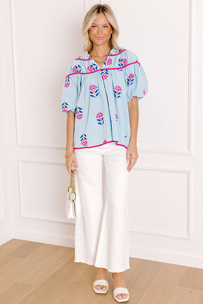 Joyful Bloom Floral Embroidered Top in Sky Blue