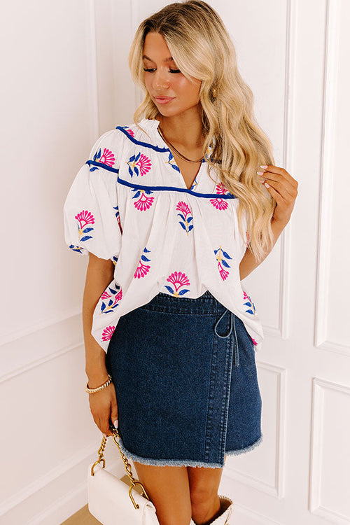 Joyful Bloom Floral Embroidered Top in White