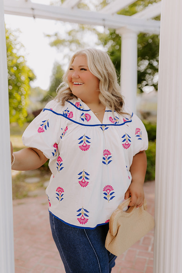 Joyful Bloom Floral Embroidered Top in White Curves