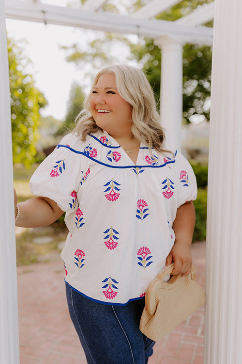 Joyful Bloom Floral Embroidered Top in White Curves