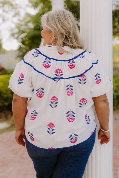 Joyful Bloom Floral Embroidered Top in White Curves