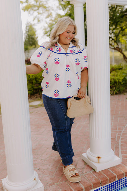 Joyful Bloom Floral Embroidered Top in White Curves