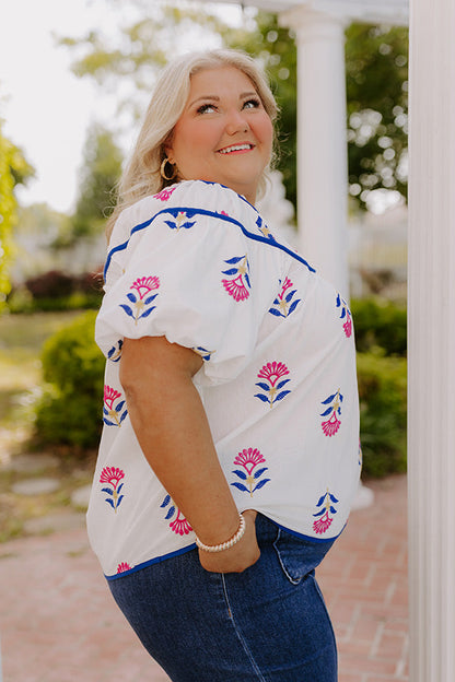 Joyful Bloom Floral Embroidered Top in White Curves