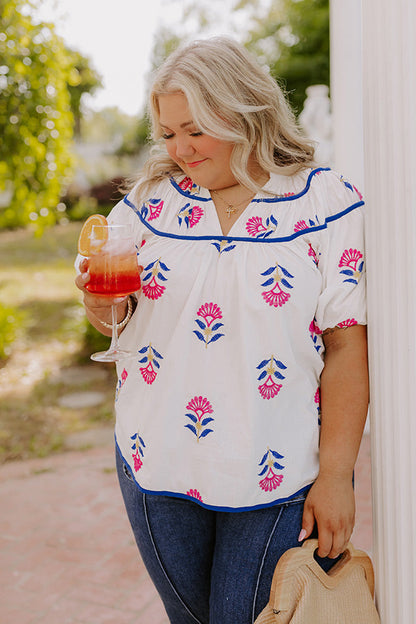 Joyful Bloom Floral Embroidered Top in White Curves