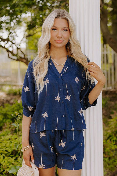 Palm Tree Oasis Embroidered Button Down Top