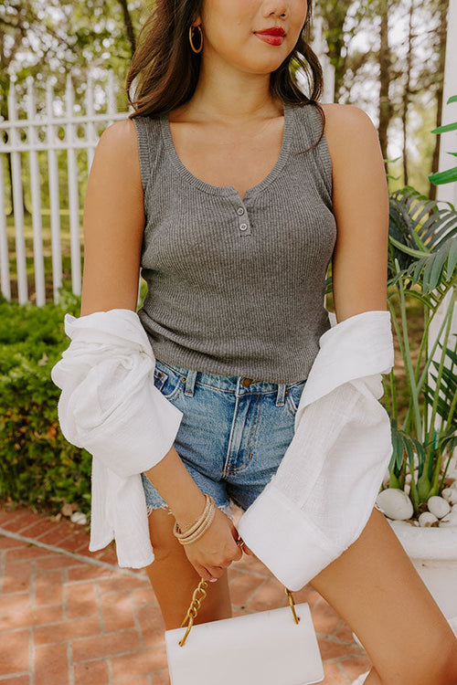 Coastal Brunch Linen-Blend Henley Top in Grey
