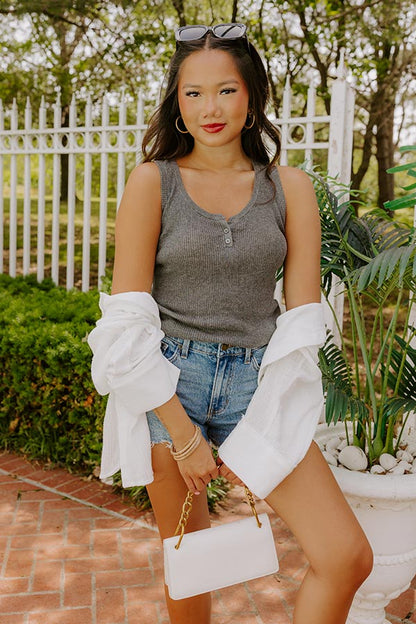 Coastal Brunch Linen-Blend Henley Top in Grey
