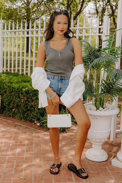 Coastal Brunch Linen-Blend Henley Top in Grey