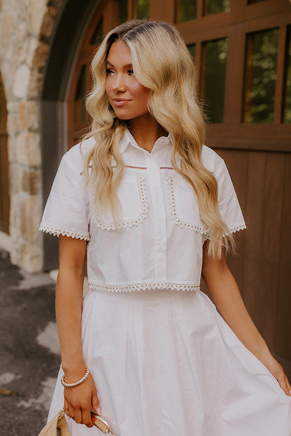 Courtyard Brunch Embellished Crop Top in White