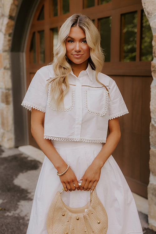 Courtyard Brunch Embellished Crop Top in White