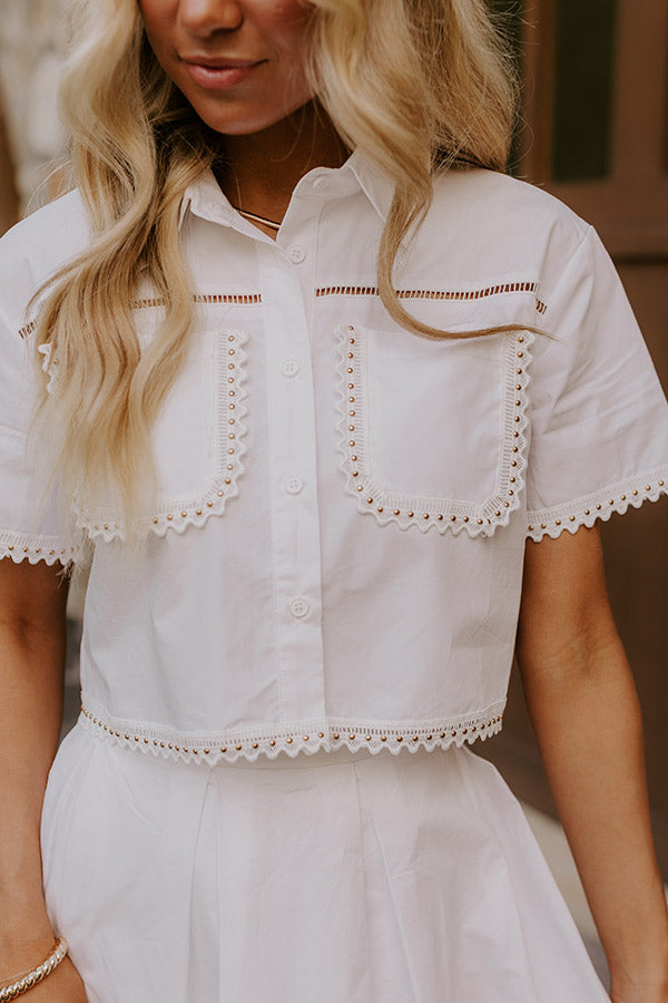 Courtyard Brunch Embellished Crop Top in White