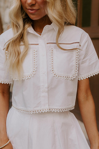 Courtyard Brunch Embellished Crop Top in White