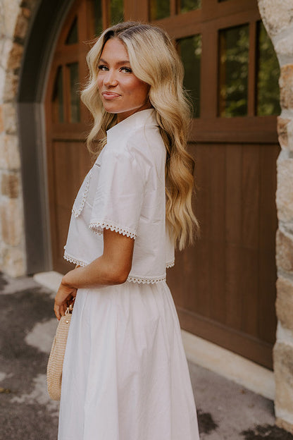Courtyard Brunch Embellished Crop Top in White