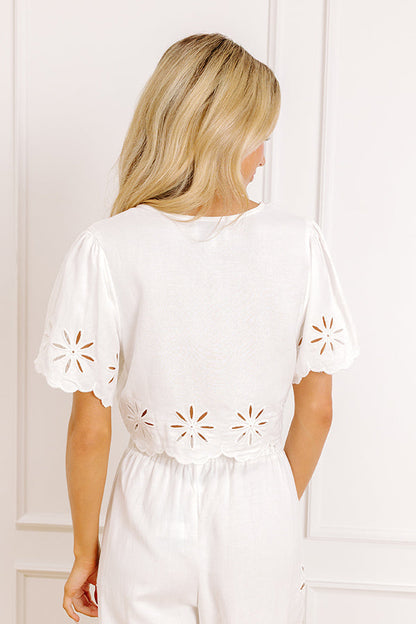 Sicily Stroll Linen-Blend Embroidered Top in White