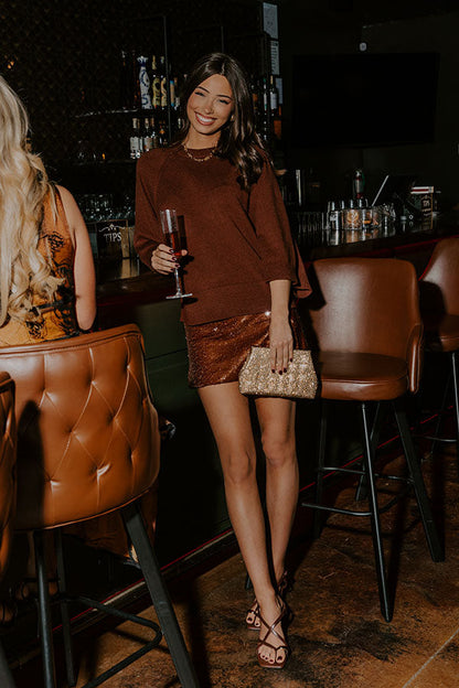 Shimmer Scene High Waist Sequin Mini Skirt in Chocolate