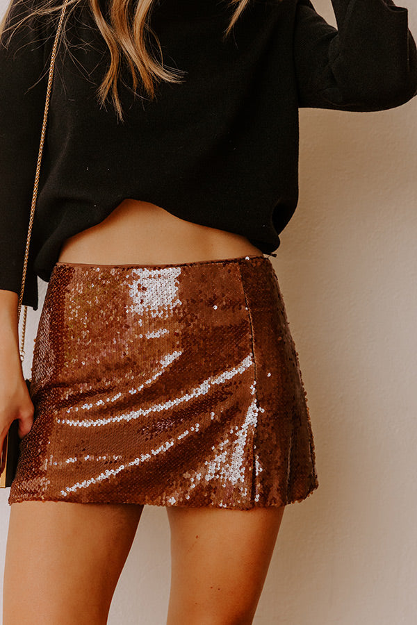 Shimmer Scene High Waist Sequin Mini Skirt in Chocolate